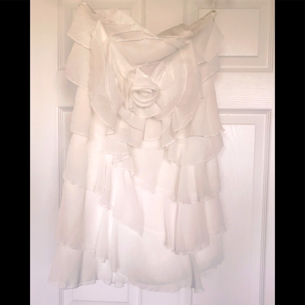 Ya Los Angeles Strapless White Layered Ruffle Dress with Rosette